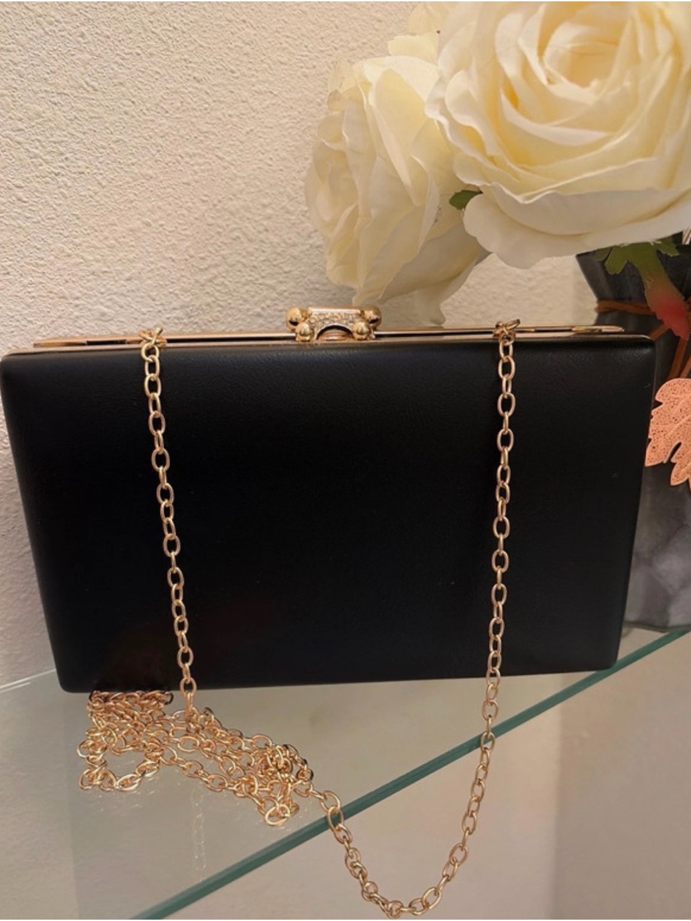 Black Evening Clutch with Gold Crystal Ring Accent - Picture 5 of 8